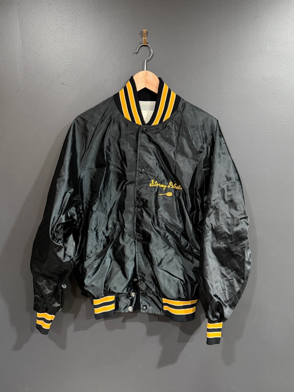 Oglethorpe University Vintage Delong Black Satin Varsity Jacket with Yellow Trim
